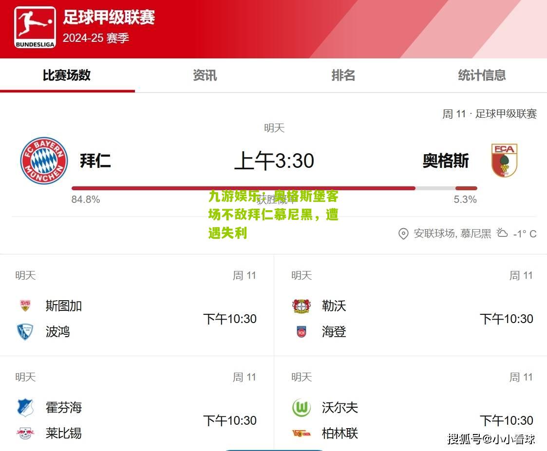 奥格斯堡客场不敌拜仁慕尼黑，遭遇失利